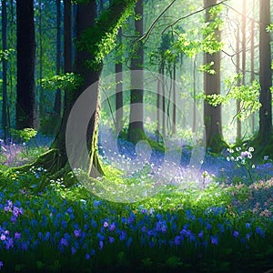 Beautiful sunny summer morning in magic forest. Forest in the morning in the sun, trees in a haze of light, glowing fog among the