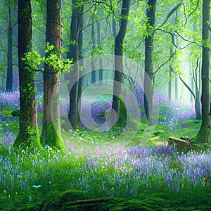 Beautiful sunny summer morning in magic forest. Forest in the morning in the sun, trees in a haze of light, glowing fog among the