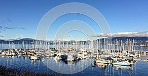 A beautiful sunny winter day overlooking a marina packed with sailboats along one of many beaches in Vancouver