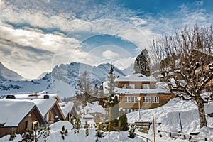 Beautiful sunny winter day in village of Murren in Swiss Alps