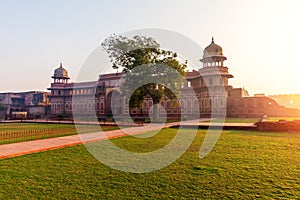 Beautiful sunrise in Agra Fort, courtyard view, India