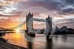 Beautiful sunrise behind the Tower bridge in London, United Kingdom