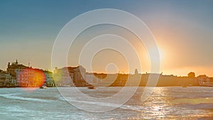 Beautiful sunrise in Grand canal over Venice near San Marco square timelapse. View from Church of Santa Maria della