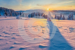 Beautiful sunrise on Kubinska Hola mountain during winter