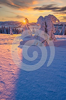 Beautiful sunrise on Kubinska Hola mountain during winter