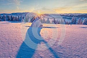 Beautiful sunrise on Kubinska Hola mountain during winter