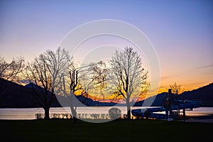 Beautiful sunrise on the lake Fuschl.  Austrian Alps, Salzburg region.