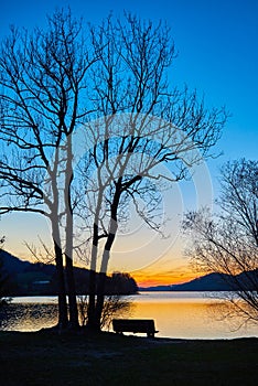 Beautiful sunrise on the lake Fuschl.  Austrian Alps, Salzburg region.