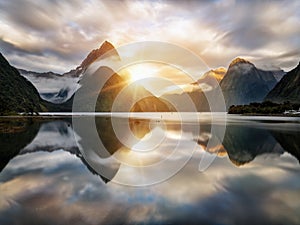 Beautiful sunrise in Milford Sound, New Zealand