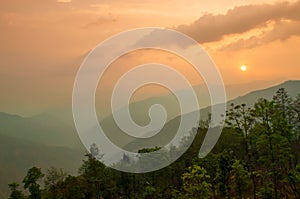Beautiful sunrise in mountains of Himalayas, Hee Barmiok village of Sikkim, India. Great Himalayan mountain peaks in the