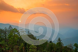 Beautiful sunrise in mountains of Himalayas, Hee Barmiok village of Sikkim, India. Great Himalayan mountain peaks in the