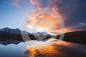 Beautiful sunrise in mountains near Koruldi lake, Georgia