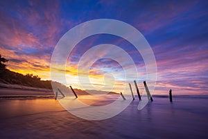 Beautiful sunrise of old jetty piles at St. Clair Beach in Dunedin, New Zealand