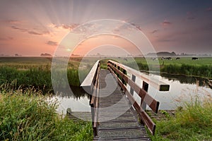 Beautiful sunrise over bike bridge in farmland