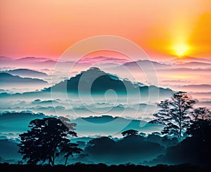A beautiful sunrise over a foggy landscape with trees and mountains in the background.