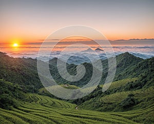 A beautiful sunrise over a lush green valley with mountains in the background.