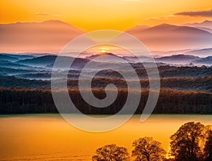 A beautiful sunrise over a mountain range with trees and a lake in the foreground.