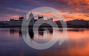 Beautiful sunrise over the Parliament in Budapest