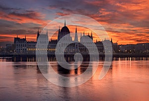 Beautiful sunrise over the Parliament in Budapest