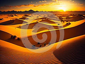 Beautiful sunrise over sand dunes in the Sahara desert, generative ai