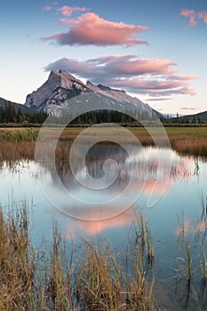 Beautiful sunrise over Vermillion Lake , Banff National Park, Alberta, Canada. Vermilion Lakes are a series of lakes