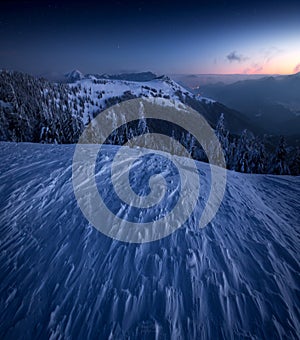 Beautiful sunrise panorama in snowy winter mountains, Big Fatra, Slovakia