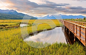 Beautiful sunrise at Potter Marsh Wildlife Viewing Boardwalk, Anchorage, Alaska. Potter Marsh is located at the southern end of th