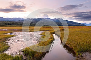 Beautiful sunrise at Potter Marsh Wildlife Viewing Boardwalk, Anchorage, Alaska. Potter Marsh is located at the southern end of th