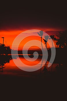 Beautiful Sunrise with silhouette coconut palm tree and swimming pool in beautiful luxury hotel resort