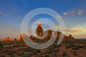 Beautiful sunrise sky over Turret Arch