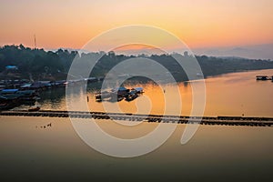 Beautiful sunrise At songgaria river in Sangkhla Buri kanchanaburi thailand