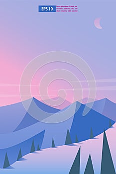 Beautiful sunrise or sunset snow winter mountain landscape with moon or sun. Vector concept for weather app. Nature scenery