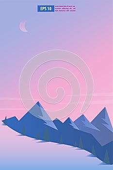 Beautiful sunrise or sunset snow winter mountain landscape with moon or sun. Vector concept for weather app. Nature scenery