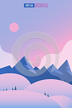 Beautiful sunrise or sunset snow winter mountain landscape with moon or sun. Vector concept for weather app. Nature scenery