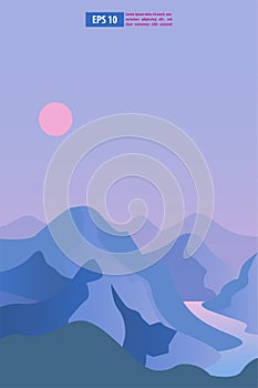 Beautiful sunrise or sunset snow winter mountain landscape with moon or sun. Vector concept for weather app. Nature scenery