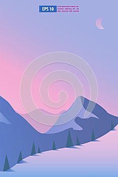 Beautiful sunrise or sunset snow winter mountain landscape with moon or sun. Vector concept for weather app. Nature scenery