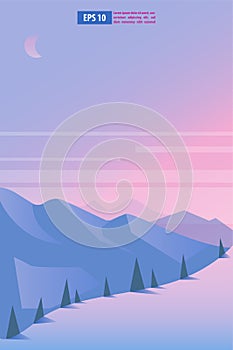 Beautiful sunrise or sunset snow winter mountain landscape with moon or sun. Vector concept for weather app. Nature scenery