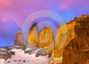 Beautiful sunrise in Torres del Paine national park, Patagonia.