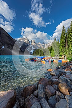 Canoes on Moraine lake, Banff national park, Alberta, Canada.