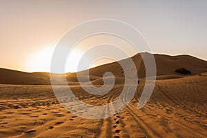 Beautiful sunrise view of the Erg Chebbi dunes, Sahara Desert, Merzouga, Morocco in Africa