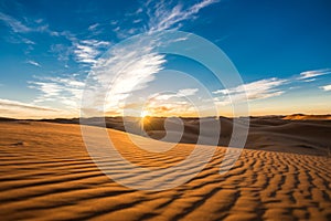 Beautiful sunrise view of the Erg Chebbi dunes, Sahara Desert, Merzouga, Morocco in Africa