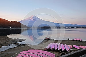 Beautiful sunrise view of  Mountain Fuji and Lake Kawaguchiko in Japan