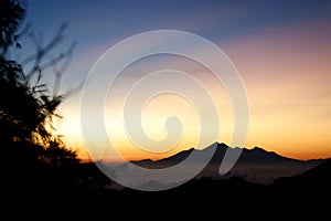 Beautiful sunrise from volcano Batur, Bali, Indonesia.