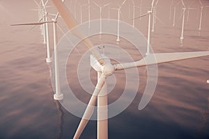 Beautiful sunset above the wind turbines in sea, ocean. Clean energy, wind energy, ecological concept. 3d rendering