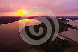 Beautiful sunset aerial view of lake Galve, favourite lake among water-based tourists, divers and holiday makers, located in
