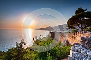 Beautiful sunset at the Alanya castle by the Mediterranean Sea. Turkey