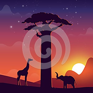 Beautiful sunset baobab with elephant and giraffe silhouette cartoon vector illustration. Baobab tree at night with stars.