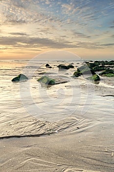 Beautiful sunset on the beach. Blurry seagulls in the background. Sand and a impressive sky