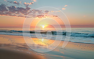 Beautiful sunset on the beach. Colorful summer sunrise over the sea