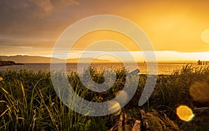 Beautiful sunset at Bellingham Bay, Washington. Golden hour ocean view